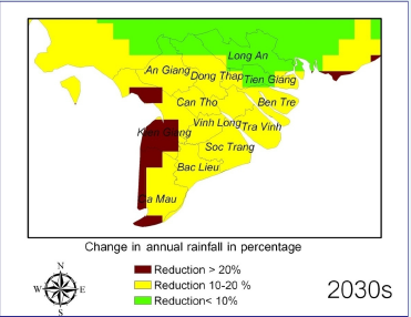 Predicted change in precipitation for 2030's when compared with data from 1980's.