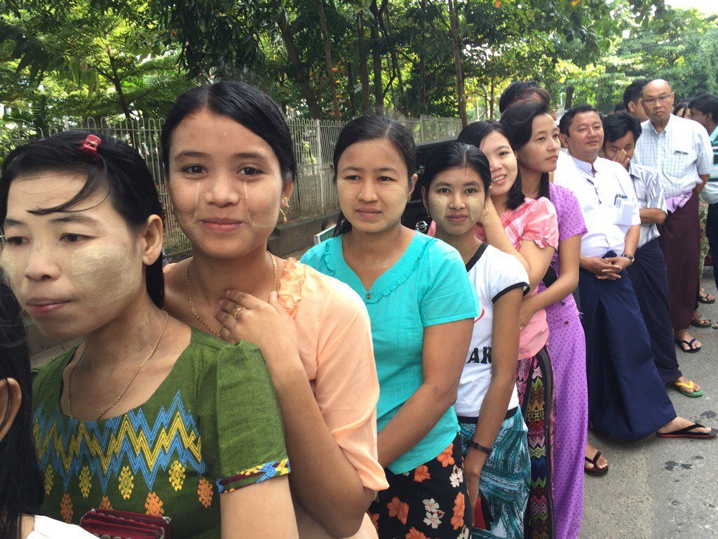 Women lead the voting lines at Myanmar's national election in 2015.