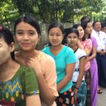 Women lead the voting lines at Myanmar's national election in 2015.
